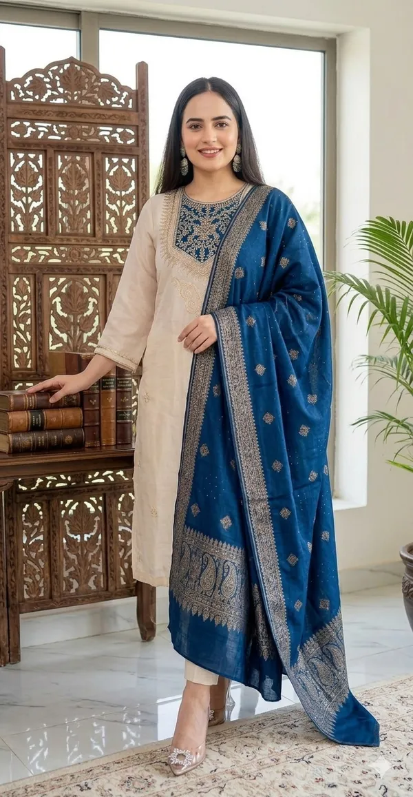 Elegant_Off_White_Anarkali_Suit_Set_With_Navy_Blue_Dupatta