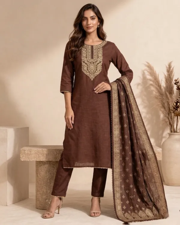Brown_Embroidered_Ethnic_Suit_Set_With_Dupatta