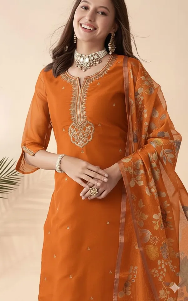 Orange_Embroidered_Salwar_Suit_Set_With_Floral_Dupatta