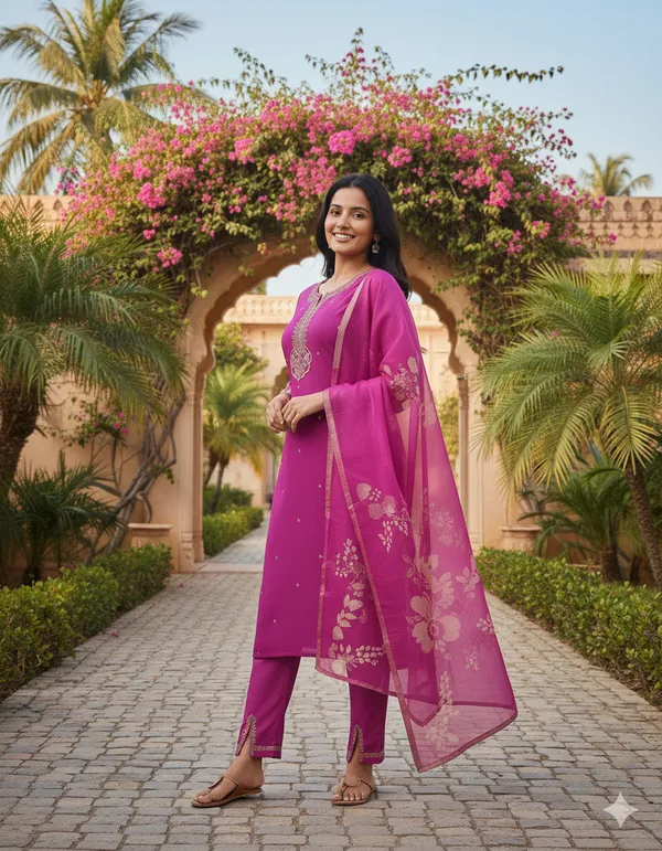 Women's_Ethnic_Straight_Kurta_Set_With_Embroidered_Dupatta_Magenta/Wine