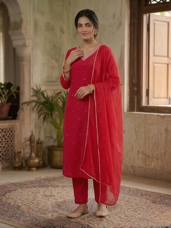 Red_Embellished_Kurta_Set_With_Dupatta_Ethnic_Wear_For_Women
