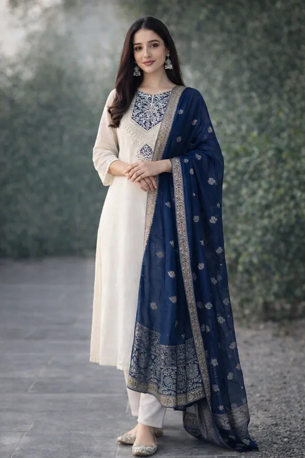 Elegant_Off_White_Anarkali_Suit_Set_With_Navy_Blue_Dupatta