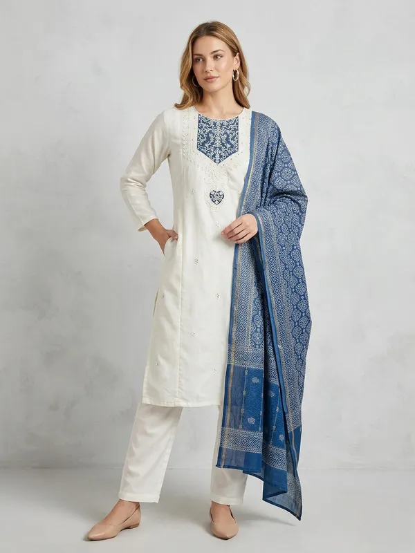 White_Kurta_Set_With_Blue_Embroidered_Dupatta_Ethnic_Wear_For_Women