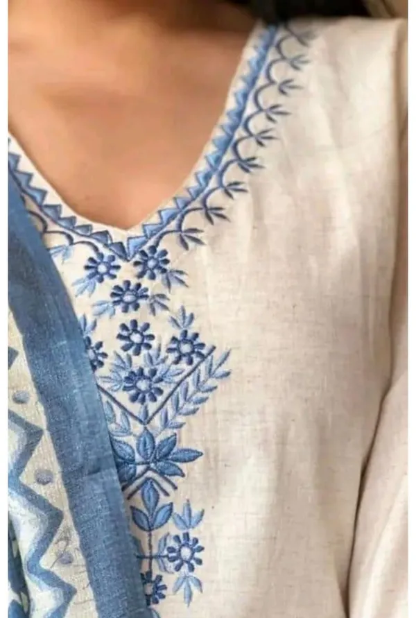 White_Embroidered_Cotton_Kurta_Set_With_Blue_Printed_Dupatta