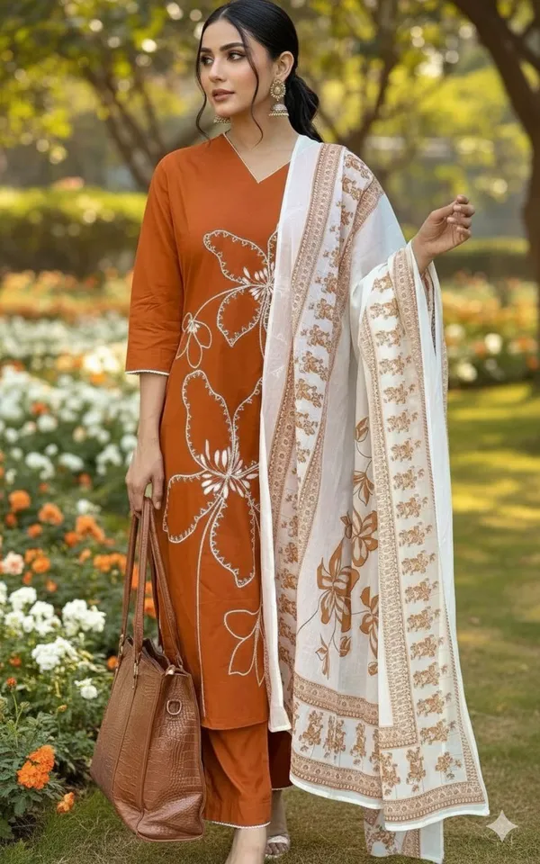 Orange_Floral_Embroidered_Kurta_Set_With_White_Dupatta