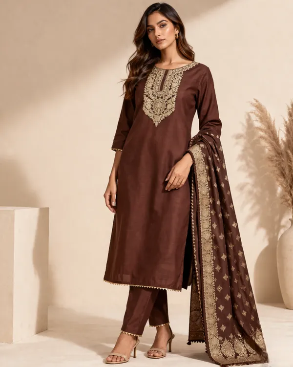 Brown_Embroidered_Ethnic_Suit_Set_With_Dupatta