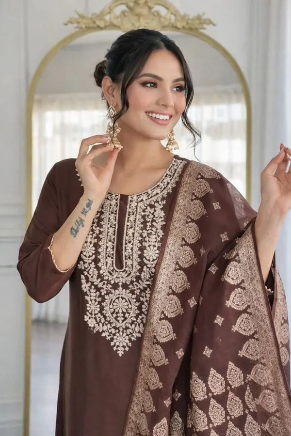 Brown_Embroidered_Ethnic_Suit_Set_With_Dupatta