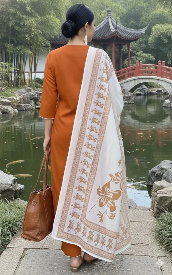 Orange_Floral_Embroidered_Kurta_Set_With_White_Dupatta