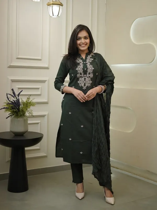 Elegant_Olive_Green_Chanderi_Cotton_Embroidered_Kurti_Set_With_Dupatta