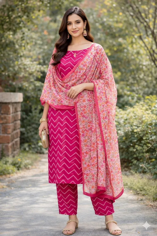 Pink_Chevron_Print_Kurta_Set_With_Floral_Dupatta_3_Piece_Ethnic_Wear_For_Women