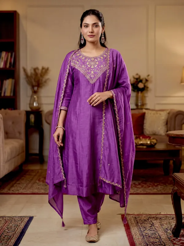 Purple_Silk_Chanderi_Kurta_Set_With_Embellished_Yoke_And_Dupatta