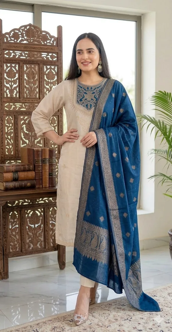 Elegant_Off_White_Anarkali_Suit_Set_With_Navy_Blue_Dupatta