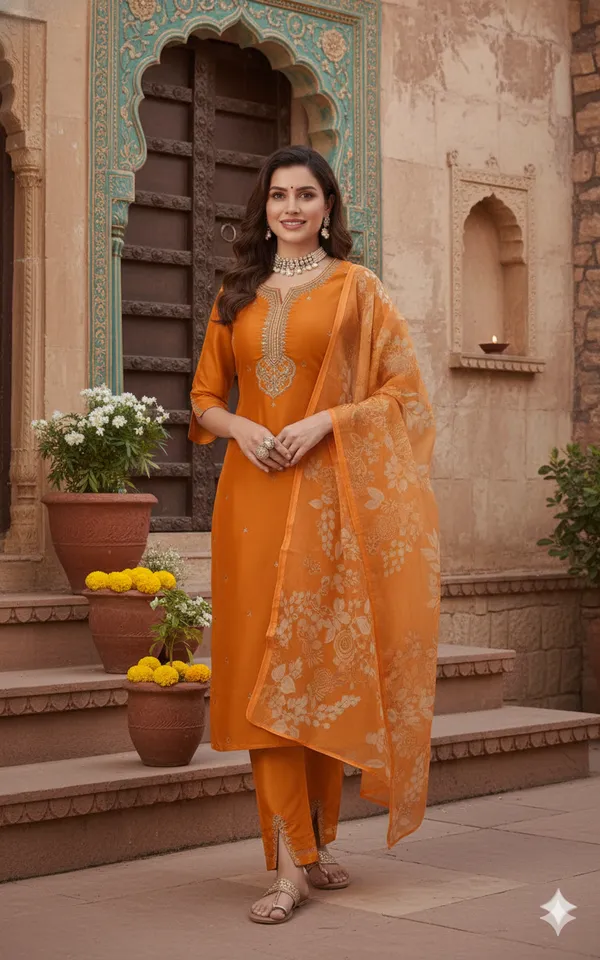 Orange_Embroidered_Salwar_Suit_Set_With_Floral_Dupatta