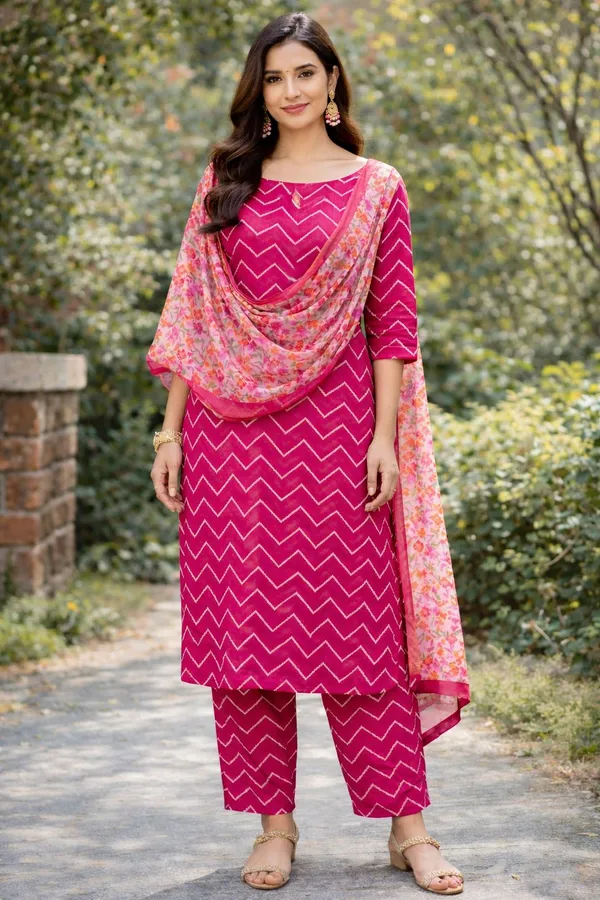 Pink_Chevron_Print_Kurta_Set_With_Floral_Dupatta_3_Piece_Ethnic_Wear_For_Women