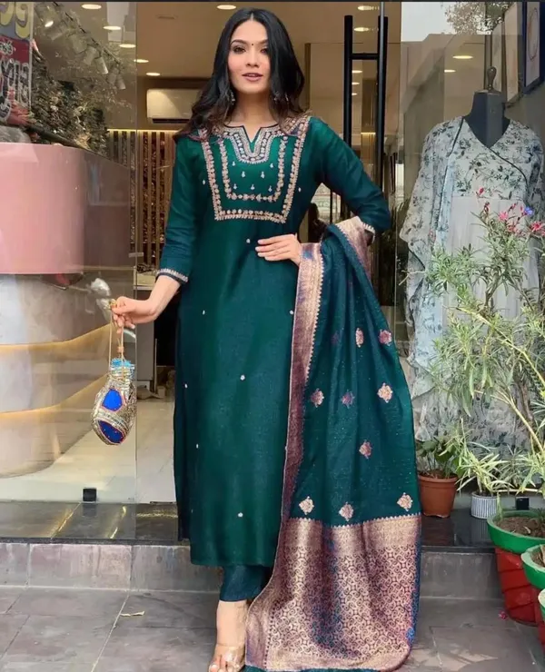 Teal_Green_Embroidered_Salwar_Suit_Set_With_Banarasi_Dupatta
