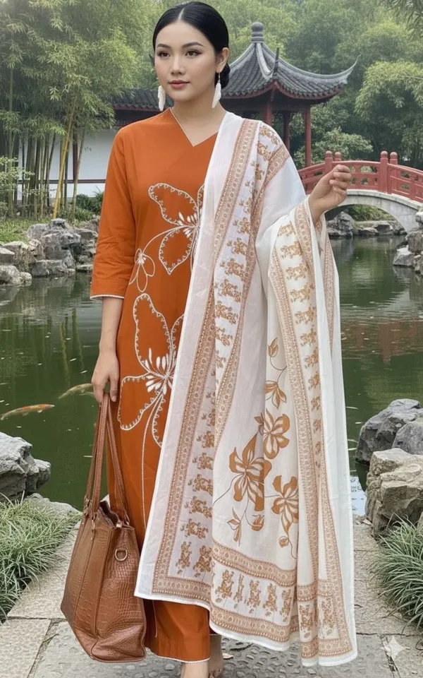 Orange_Floral_Embroidered_Kurta_Set_With_White_Dupatta