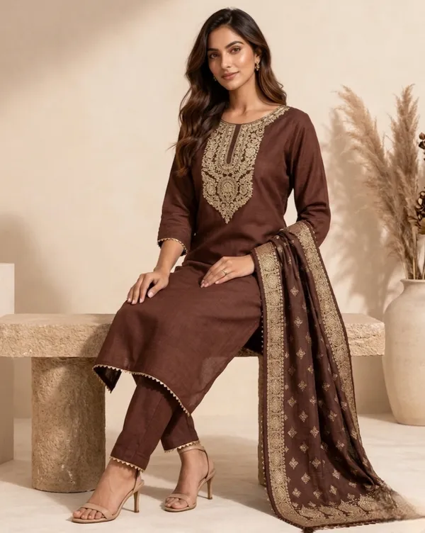 Brown_Embroidered_Ethnic_Suit_Set_With_Dupatta