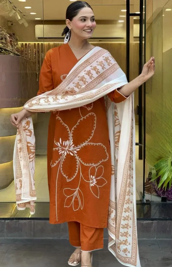Orange_Floral_Embroidered_Kurta_Set_With_White_Dupatta