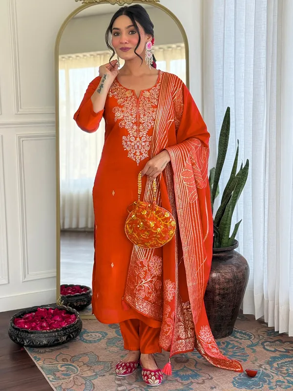 Orange_Embroidered_Roman_Silk_Kurti_Set_With_Dupatta