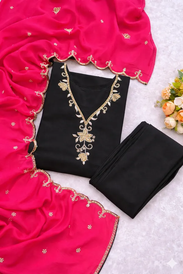 Black_Ethnic_Kurta_Set_With_Embroidered_Neckline_And_Pink_Dupatta
