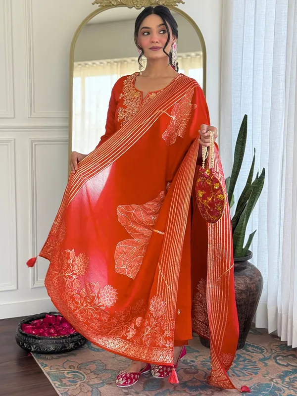 Orange_Embroidered_Roman_Silk_Kurti_Set_With_Dupatta