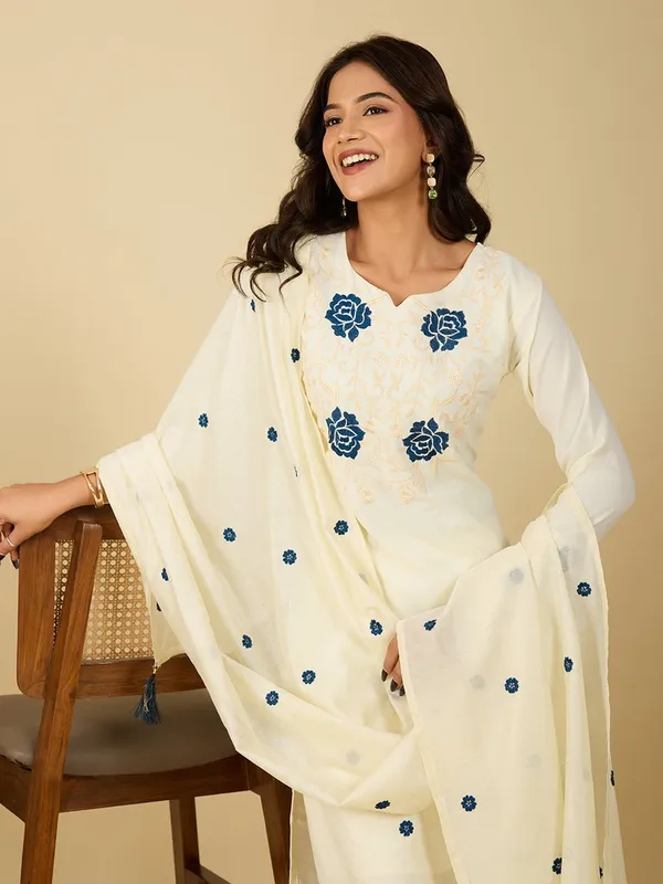 Off_White_Floral_Embroidered_Cotton_Kurta_Set_With_Dupatta
