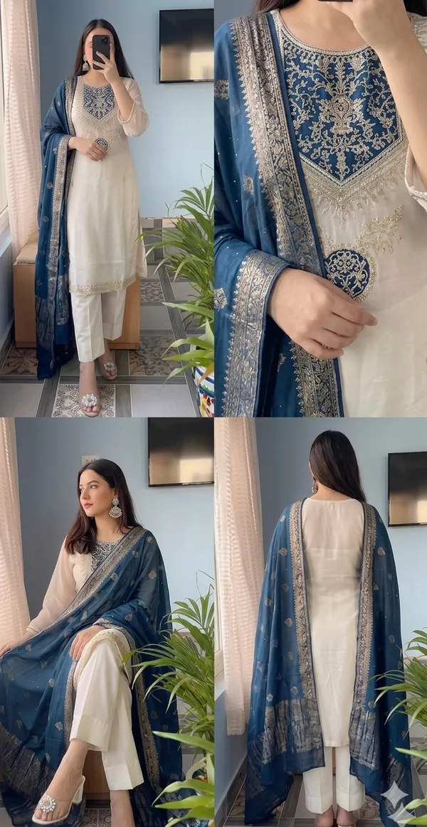 Elegant_Off_White_Anarkali_Suit_Set_With_Navy_Blue_Dupatta