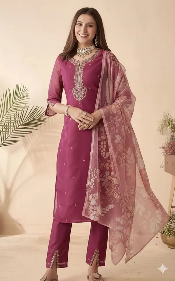 Women's_Ethnic_Straight_Kurta_Set_With_Embroidered_Dupatta_Magenta/Wine