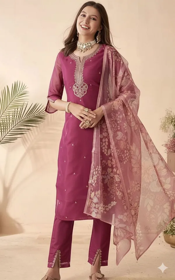 Women's_Ethnic_Straight_Kurta_Set_With_Embroidered_Dupatta_Magenta/Wine