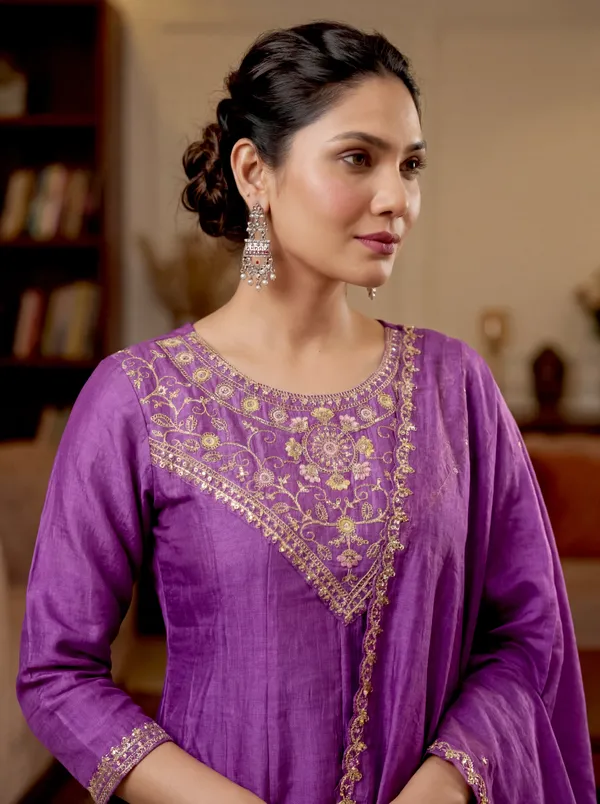 Purple_Silk_Chanderi_Kurta_Set_With_Embellished_Yoke_And_Dupatta