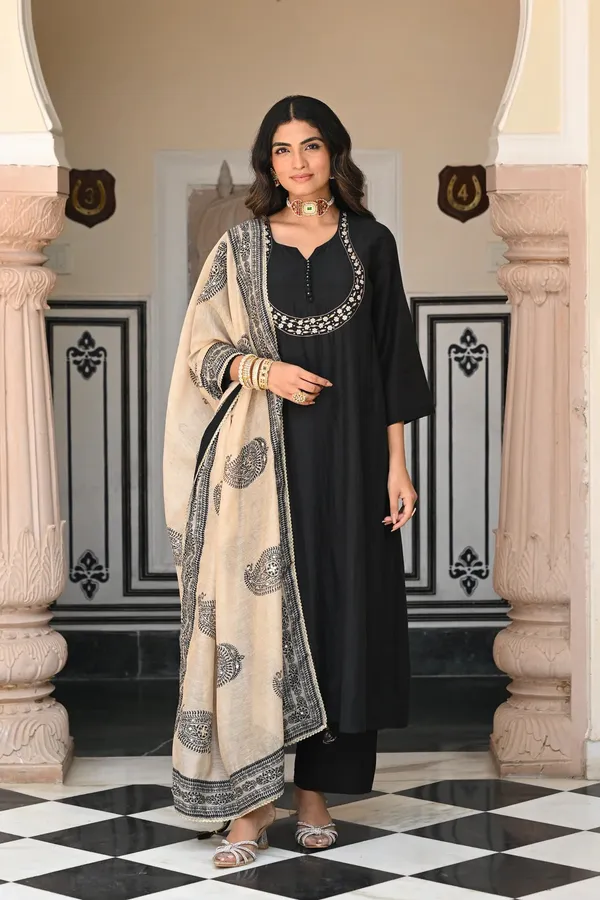 Black_Anarkali_Suit_Set_With_Embellished_Neckline_And_Printed_Dupatta