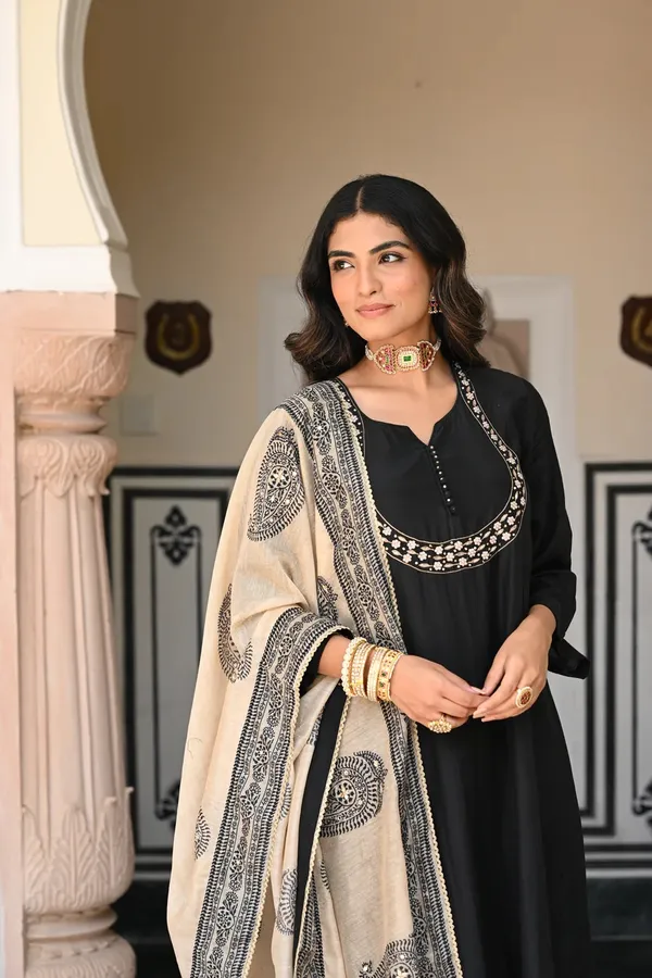 Black_Anarkali_Suit_Set_With_Embellished_Neckline_And_Printed_Dupatta