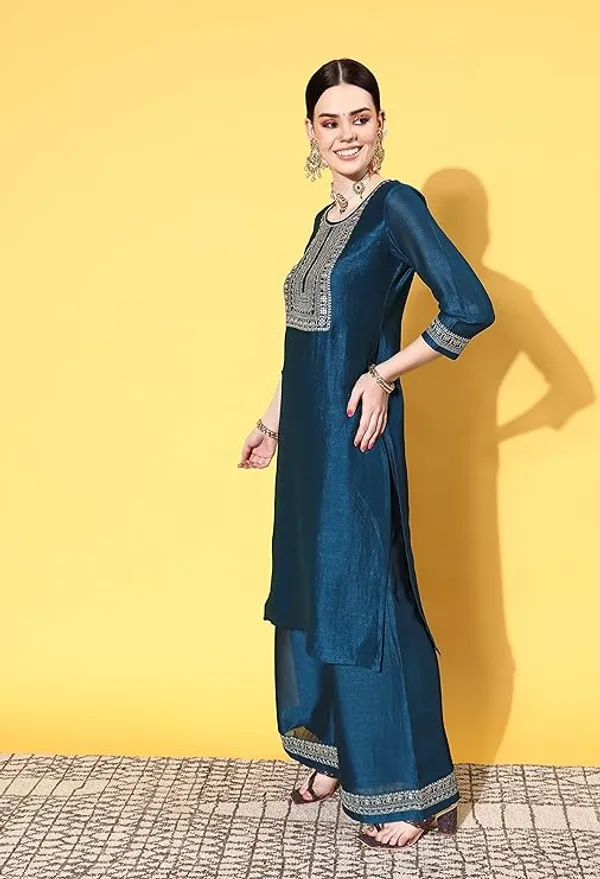 Teal_Blue_Embellished_Kurta_Palazzo_Set_With_Dupatta