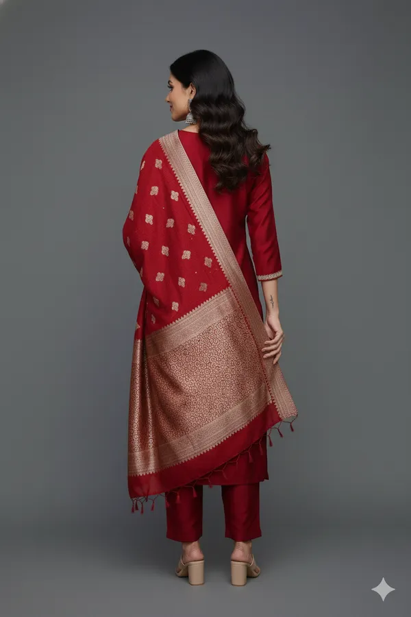 Maroon_Embroidered_Kurta_Set_With_Banarasi_Dupatta