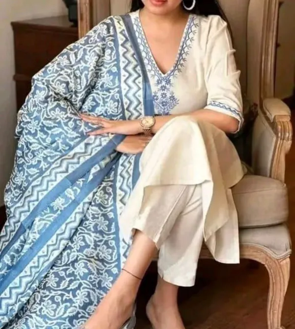 White_Embroidered_Cotton_Kurta_Set_With_Blue_Printed_Dupatta