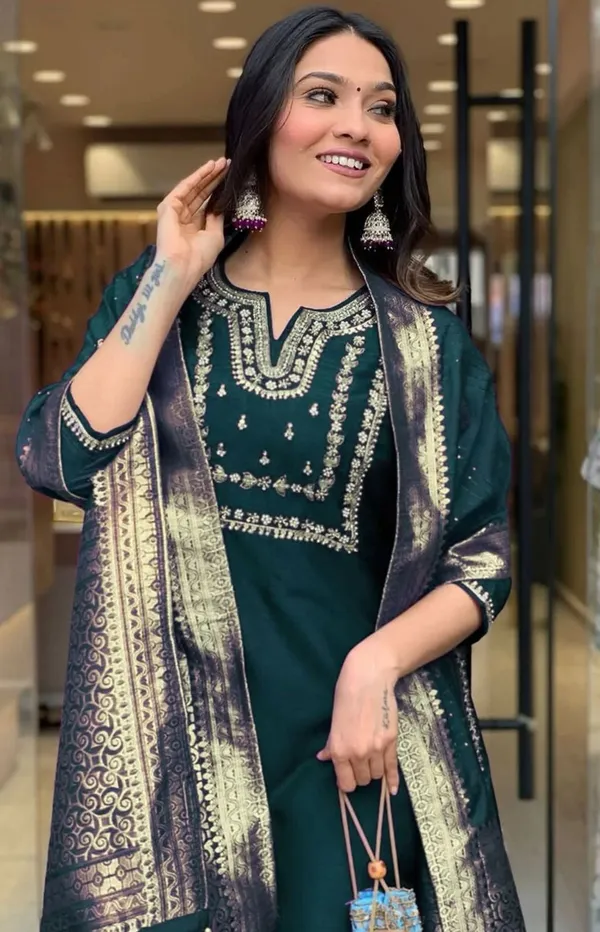 Teal_Green_Embroidered_Salwar_Suit_Set_With_Banarasi_Dupatta