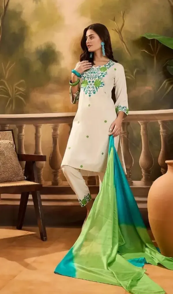 Elegant_White_Ethnic_Kurta_Set_With_Green_Embroidery_And_Gradient_Dupatta