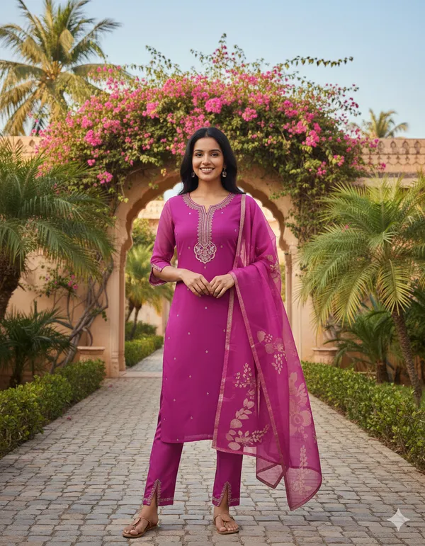 Women's_Ethnic_Straight_Kurta_Set_With_Embroidered_Dupatta_Magenta/Wine