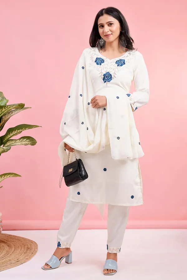 White_Embroidered_Floral_Kurta_Set_With_Blue_Rose_Motifs