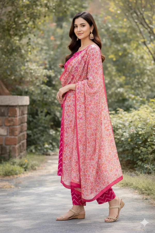 Pink_Chevron_Print_Kurta_Set_With_Floral_Dupatta_3_Piece_Ethnic_Wear_For_Women