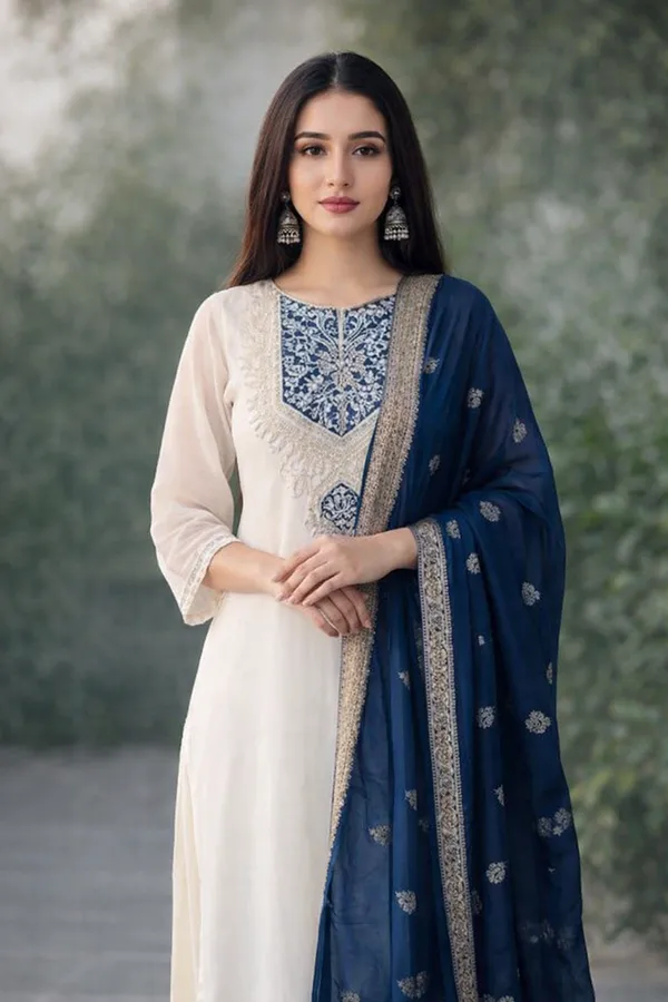 Elegant_Off_White_Anarkali_Suit_Set_With_Navy_Blue_Dupatta