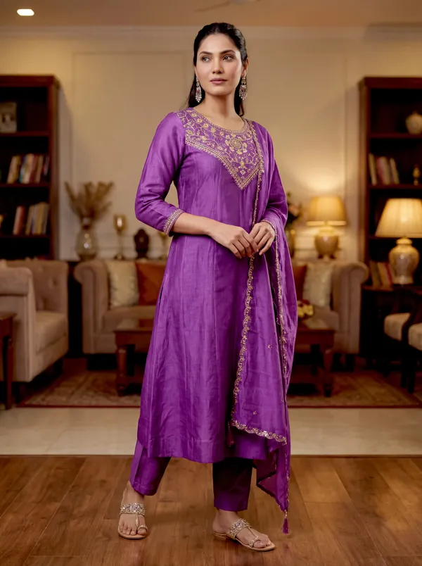 Purple_Silk_Chanderi_Kurta_Set_With_Embellished_Yoke_And_Dupatta