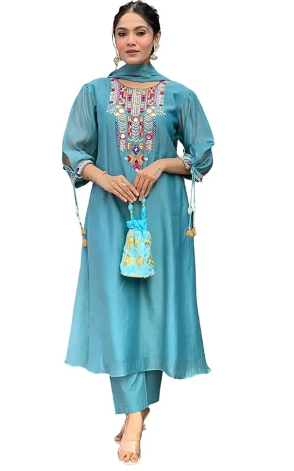 Turquoise_Embroidered_Kurti_Set_With_Matching_Pants