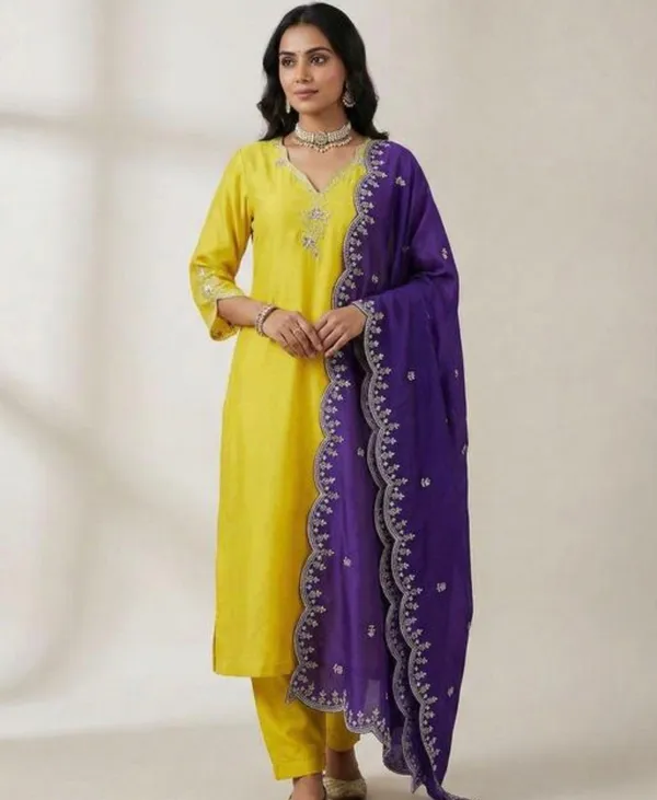 Yellow_Kurta_Set_With_Purple_Dupatta_Embroidered_Ethnic_Wear_For_Women