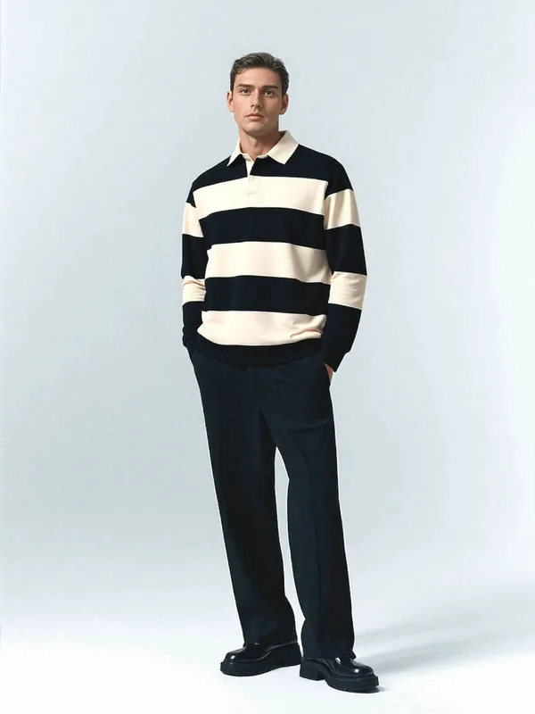 Black_And_Off_White_Classic_Rugby_Striped_Polo_T_Shirt_Casual_Shirt_For_Men