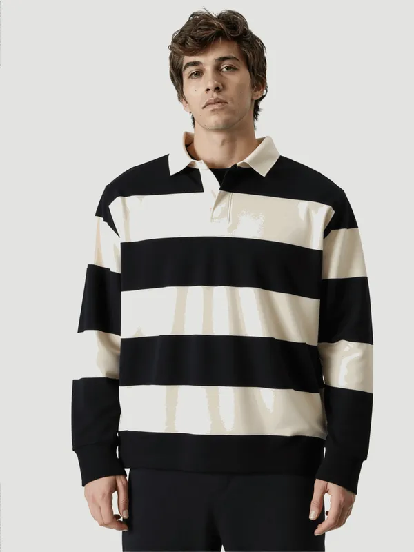 Black_And_Off_White_Classic_Rugby_Striped_Polo_T_Shirt_Casual_Shirt_For_Men