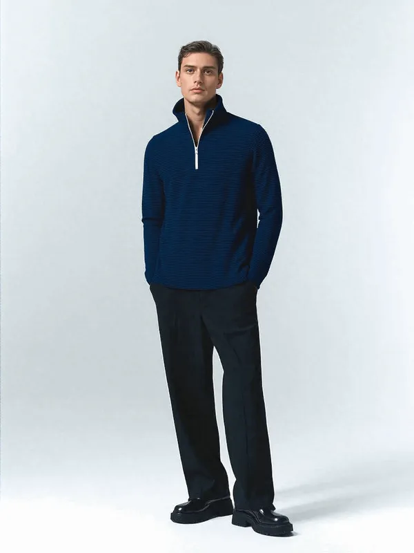 Navy_Blue_Form_Knit_Quarter_Zip_Pullover_For_Men