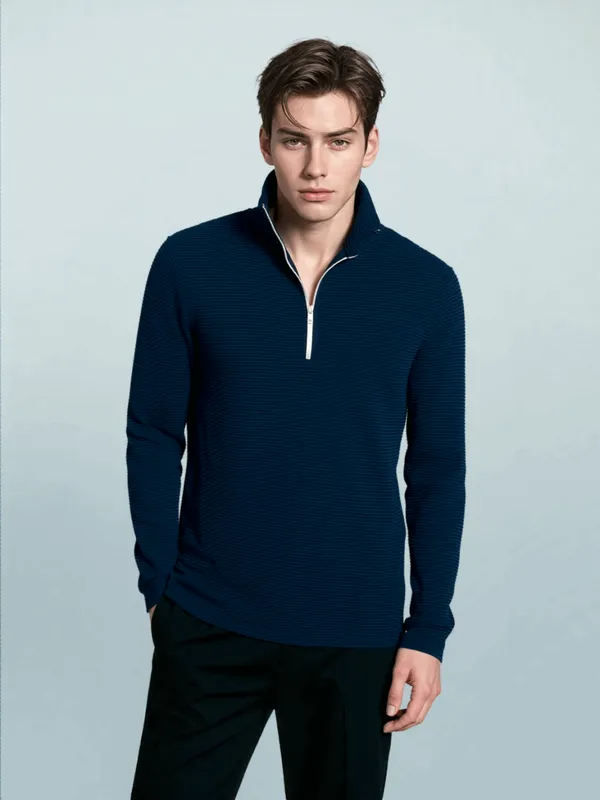 Navy_Blue_Form_Knit_Quarter_Zip_Pullover_For_Men