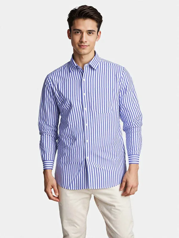 Blue_Classic_Stripe_Casual_Shirt_100_Cotton_Chambray_For_Men