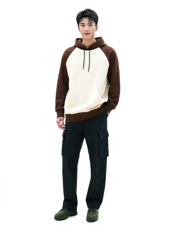 Brown_And_Off_White_Raglan_Panel_Casual_Hoodie_For_Men